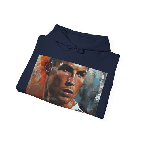 Navy Siu Celebration Hoodie with iconic Ronaldo Siu celebration image.