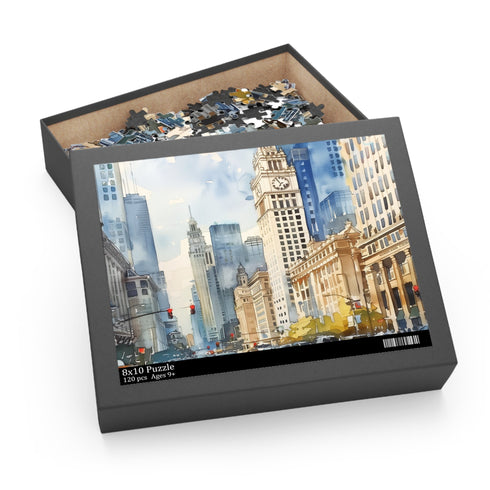 Chicago city watercolor jigsaw puzzle, capturing city charm in artistic design.