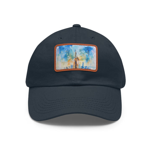 Empire State skyline watercolor cap, white/light brown patch, rectangle shape.