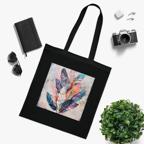 Bohemian black cotton tote bag with feather design.