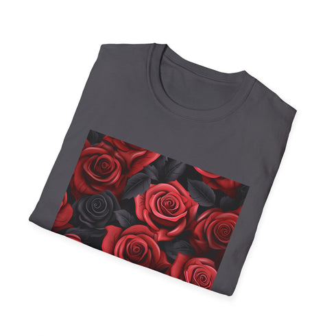 Charcoal crew neck t-shirt featuring crimson rose pattern on soft cotton fabric