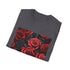 Charcoal crew neck t-shirt featuring crimson rose pattern on soft cotton fabric