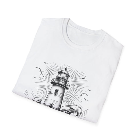 Hand-drawn lighthouse journey charcoal T-shirt featuring intricate coastal illustration