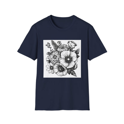 Hand-drawn floral charcoal T-shirt in soft cotton with a botanical design