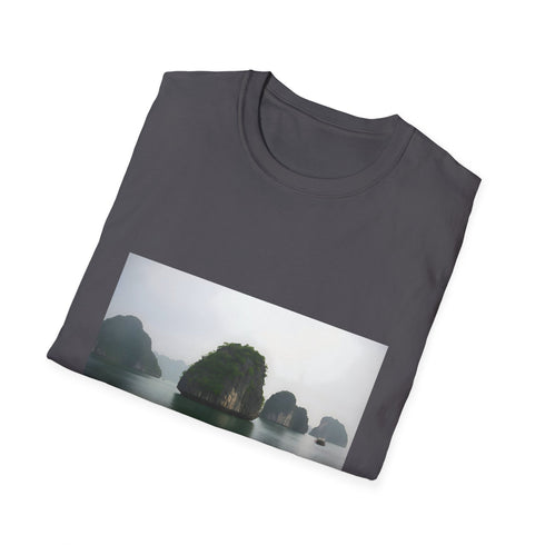 Charcoal cotton crew neck T-shirt with serene Halong Bay-inspired graphic design