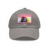 White neon dreams cotton baseball hat with light brown rectangle patch.