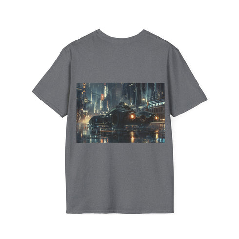 Charcoal cotton tee featuring Batmobile graphic with regular crew neck fit