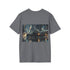 Charcoal cotton tee featuring Batmobile graphic with regular crew neck fit
