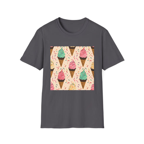 Vintage-inspired summer ice cream cone pattern T-shirt in charcoal gray.