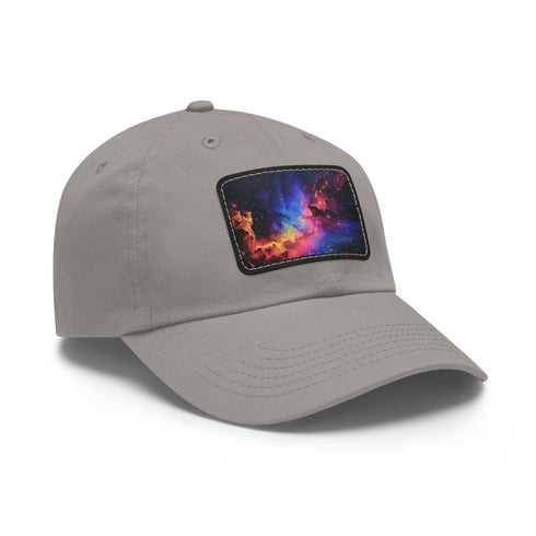 Galactic glow baseball cap in white with light brown patch.