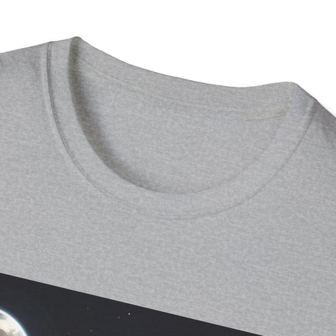 Charcoal crew neck T-shirt with ethereal watercolor Earth from space design