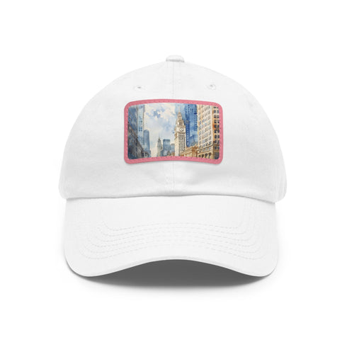 Chicago skyline splatter cap in white with light brown patch.