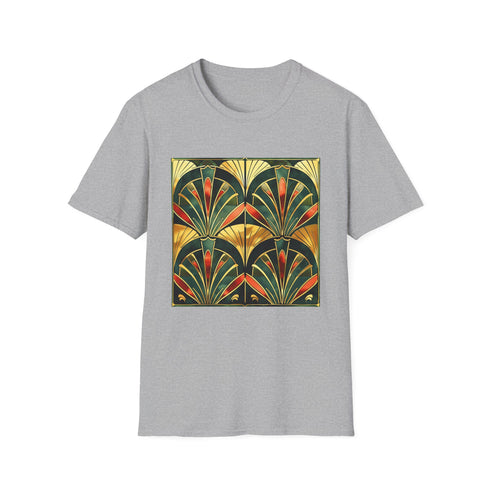 Charcoal cotton t-shirt with vibrant art deco patterns and crew neck design
