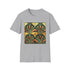 Charcoal cotton t-shirt with vibrant art deco patterns and crew neck design