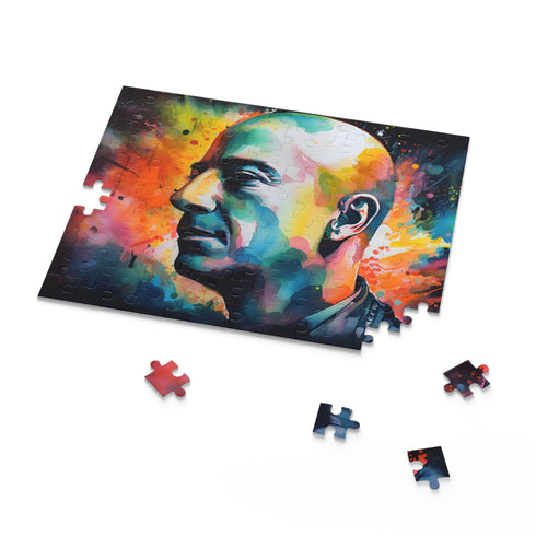 Vibrant neon watercolor jigsaw puzzle featuring Jeff Bezos, 10x8 size.