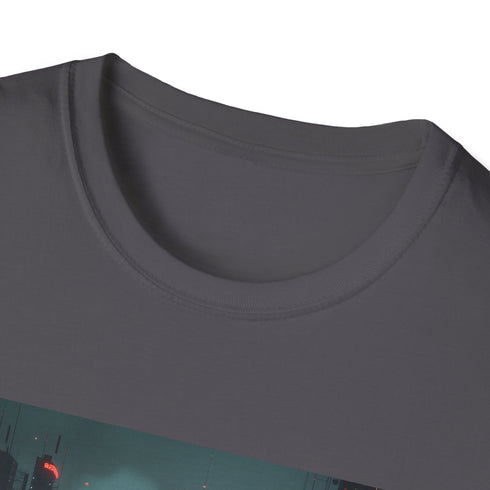 Charcoal cyberpunk neon cityscape t-shirt with soft cotton fabric and crew neck