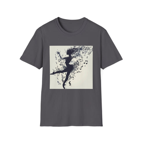 Charcoal cotton T-shirt featuring a dancer silhouette with musical note pattern