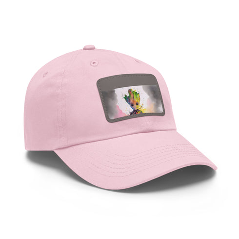 Neon watercolor Baby Groot baseball cap, white/light brown patch, rectangle shape.