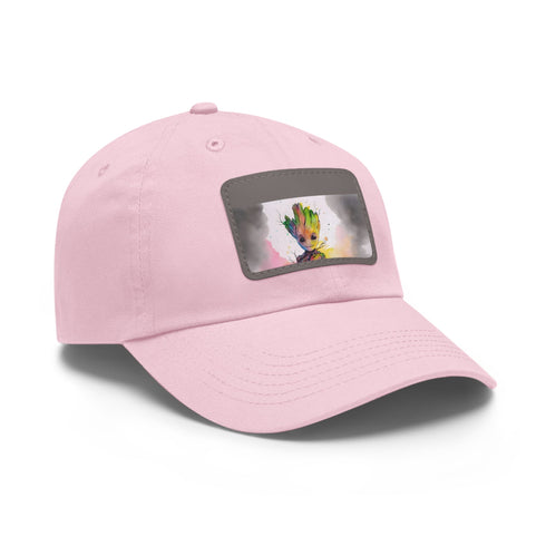 Neon watercolor Baby Groot baseball cap with light brown patch.
