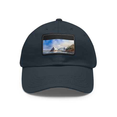 Sydney skyline white baseball cap with light brown patch.