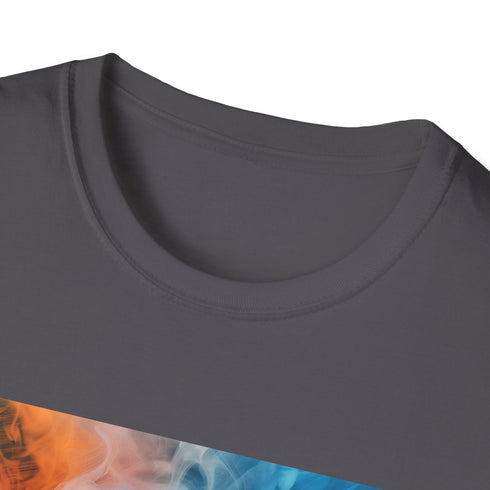 Charcoal smoke art abstract t-shirt in small size, cotton crew neck.