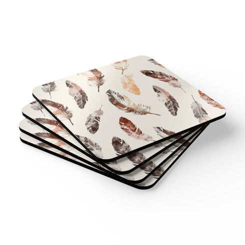 Boho feathers cork coaster set for desk and kitchen accessories.