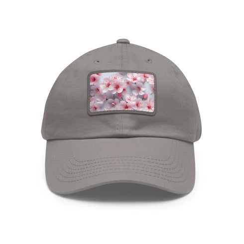 3D seamless white cherry blossom baseball cap with light brown patch.