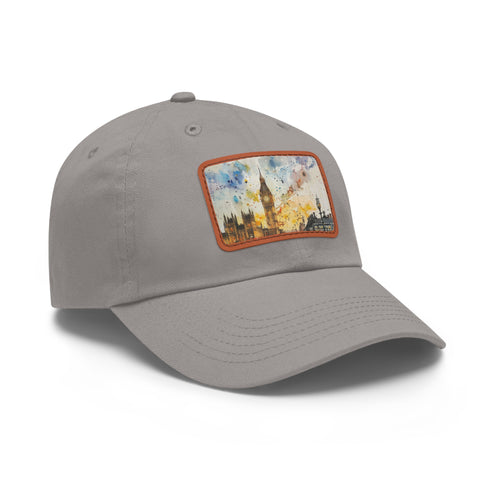 London Skyline Watercolor Baseball Cap in White with Light Brown Patch