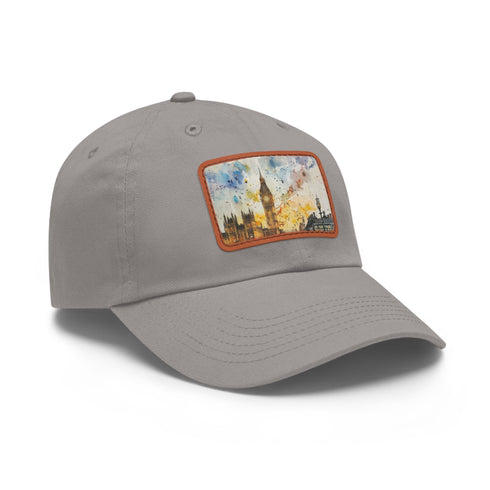 London Skyline Watercolor Baseball Cap in White with Light Brown Patch