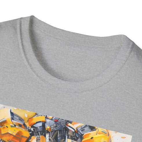 Charcoal cotton t-shirt featuring vibrant heroic Bumblebee graphic for Transformers fans