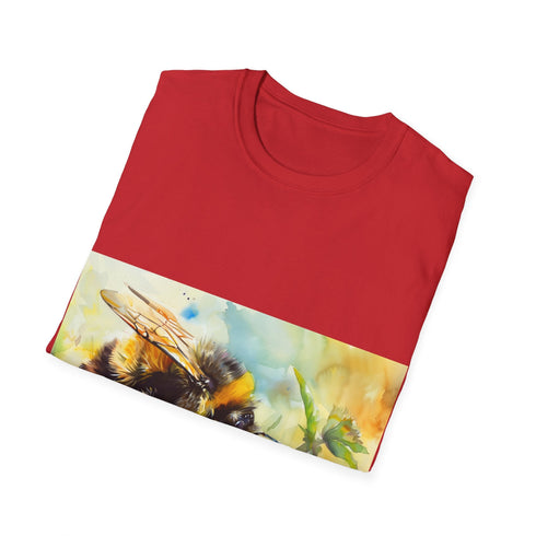 Charcoal crew neck tee with vibrant bumblebee watercolor design on cotton fabric