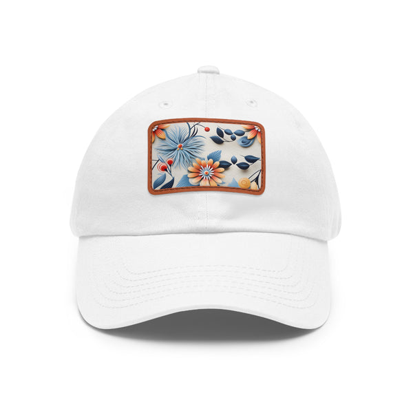 Stylish white floral baseball cap with light brown rectangular patch.