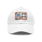 Stylish white floral baseball cap with light brown rectangular patch.