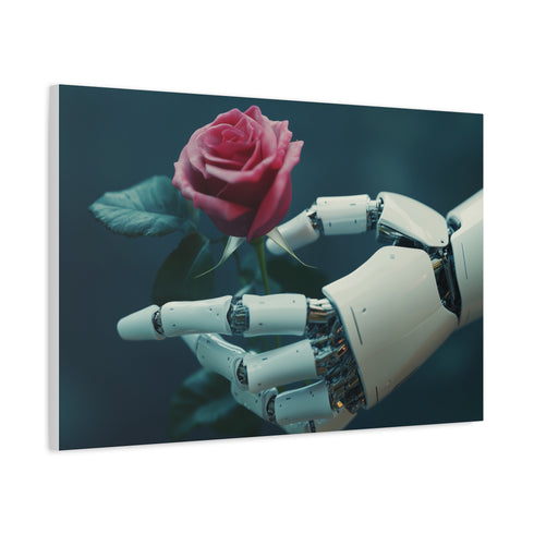 Cyber Roses Blooming from Robotic Hands Stretched Canvas Wall Art