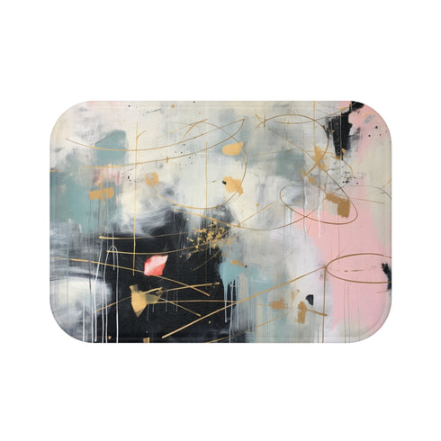 Mint and gold abstract bath mat for elegant, tranquil bathroom ambiance.