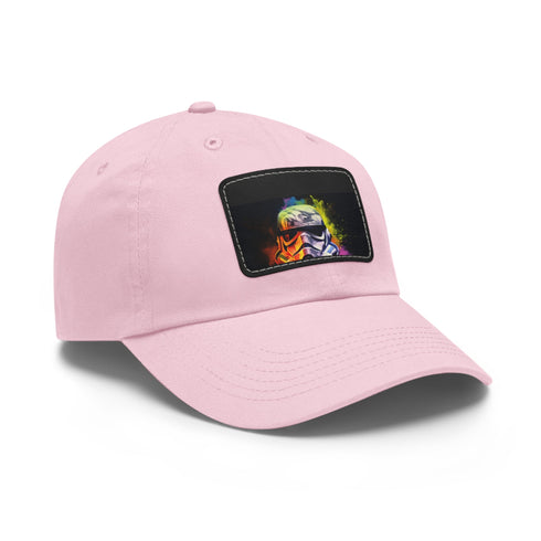 Neon watercolor Storm Trooper baseball cap with light brown patch.