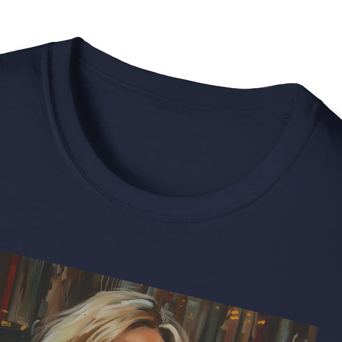 Charcoal crew neck cotton T-shirt with vivid J.K. Rowling portrait