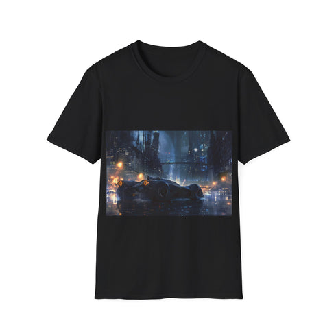 Charcoal crew neck cotton shirt featuring Gotham's iconic Batmobile design