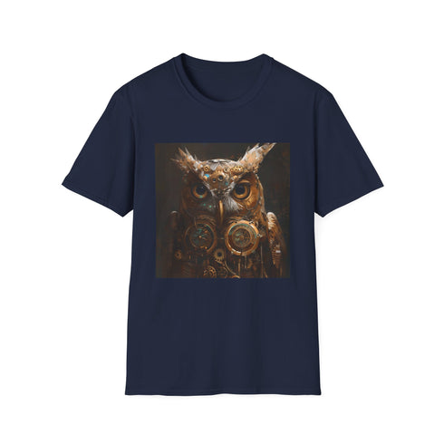 Charcoal cotton t-shirt with intricate steampunk owl and mechanical gear design