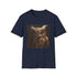 Charcoal cotton t-shirt with intricate steampunk owl and mechanical gear design