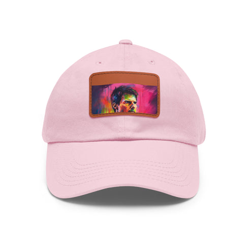 Neon watercolor baseball cap with light brown patch, rectangular shape.