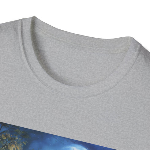 Charcoal cotton t-shirt featuring moonlit castle and forest design