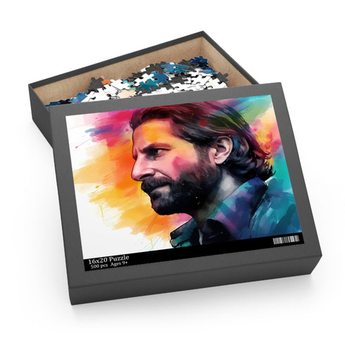 Vibrant neon Bradley Cooper watercolor puzzle with 120 pieces.