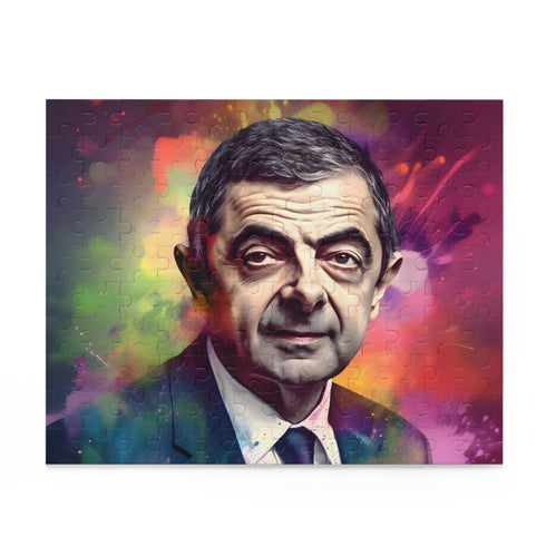 Vibrant neon Rowan Atkinson watercolor puzzle with 120 pieces.