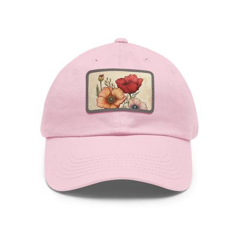 Hand-drawn flowers baseball cap in white with light brown patch.