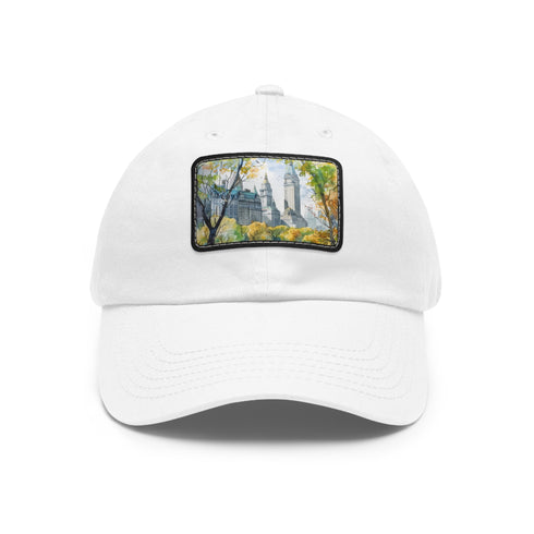 Central Park watercolor print baseball cap with light brown patch.