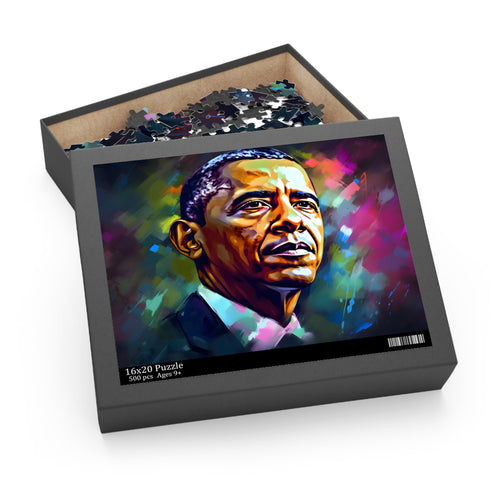 Vibrant Barack Obama watercolor puzzle with neon hues, 120 pieces.