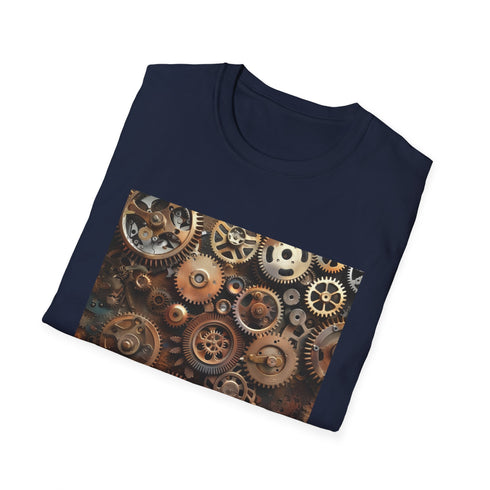 Victorian-inspired red T-shirt with intricate gears and cogs design.