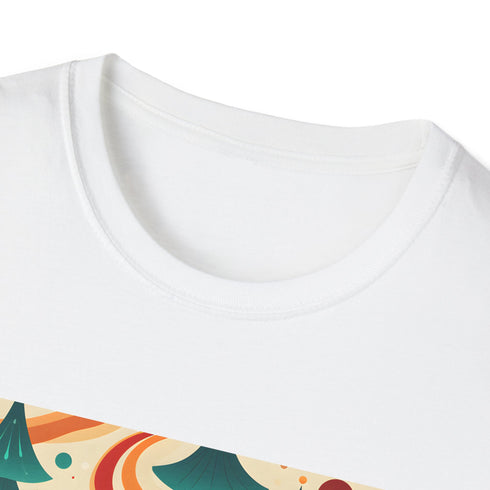 Charcoal crew neck T-shirt with groovy psychedelic ocean patterns evocative of the 70s