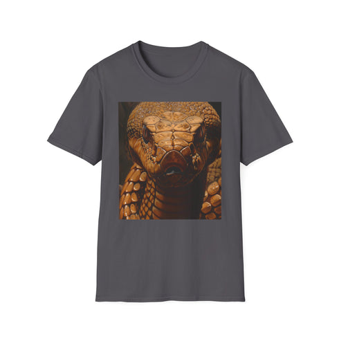 Abstract cobra painting on charcoal t-shirt for summer allure.